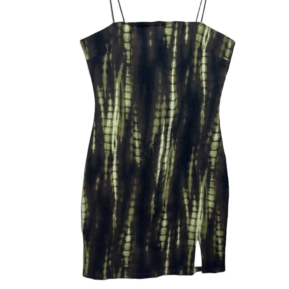 Forever 21 Black & Lime Abstract Bodycon Mini Dress Cord Spaghetti Straps - Picture 1 of 7